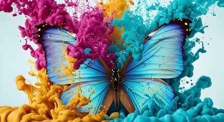 Fototapeta premium Macro shot of a hyper-detailed, iridescent cerulean butterfly emerging from a chaotic, liquid explosion of brilliant, saturated inks, including magenta, gold, and turquoise. The butterfly's wings are 