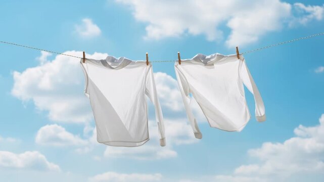 Fresh clean white shirts drying on a clothesline under a sunny blue sky with bright clouds, symbolizing laundry and household chores footage.