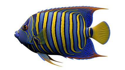 Vibrant regal angelfish with blue and yellow stripes swimming in the ocean isolated on transparent background