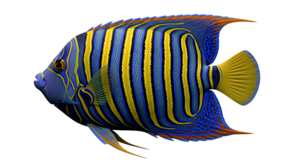 Vibrant regal angelfish with blue and yellow stripes swimming in the ocean isolated on transparent background