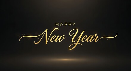 Elegant golden cursive calligraphy text happy new year illuminated against a dark subtly lit background perfect for festive greetings and celebrations