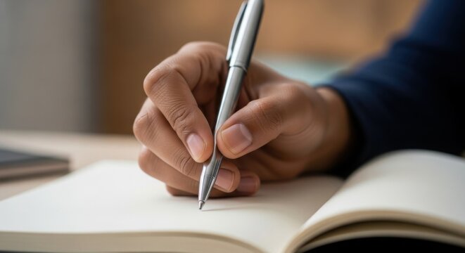 Close-up of a person's hand writing with a silver pen in an open notebook on a desk
