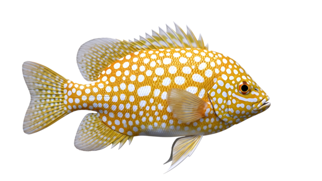 A vibrant yellow and white spotted damselfish swimming gracefully isolated on transparent background