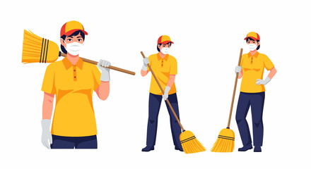 Three illustrations of a cleaner wearing a yellow uniform, cap, mask, and gloves, holding a broom in various poses, ready for sweeping.