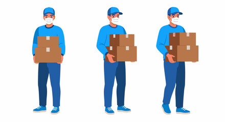 A delivery man in a blue uniform and face mask shown in three different poses holding cardboard packages.