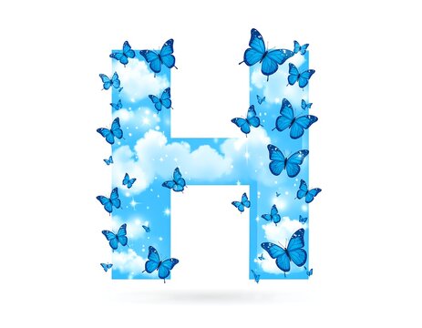 Large blue letter "H" filled with sky, clouds, and butterflies