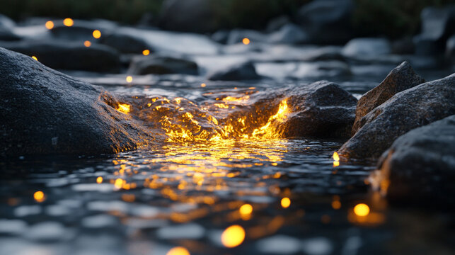 A surreal river flows through a dreamlike landscape, glowing with drifting emotion particles that shimmer in the current—symbolizing inner flow, feeling, and transformation.
