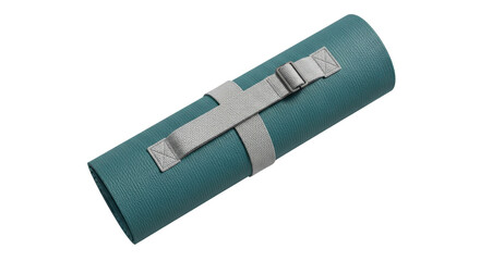 Rolled up teal yoga mat secured with strap for exercise, health, and fitness isolated PNG with Transparent Background