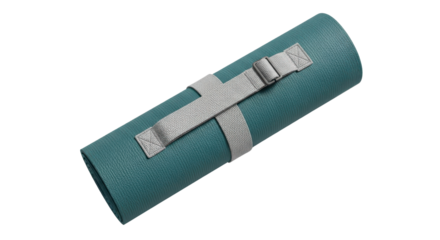 Rolled up teal yoga mat secured with strap for exercise, health, and fitness isolated PNG with Transparent Background