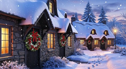 Cozy Snow Covered Village Cottages Decorated for Christmas