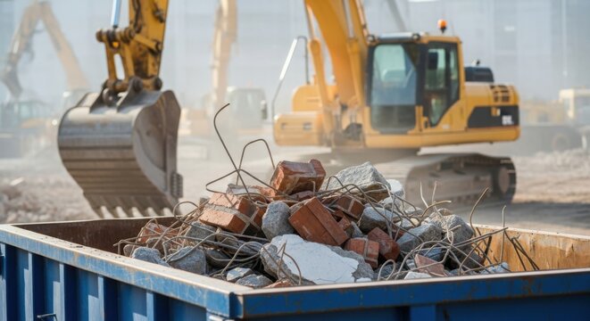 Construction debris in a skip with heavy excavators working at a dusty demolition site - Powered by Adobe