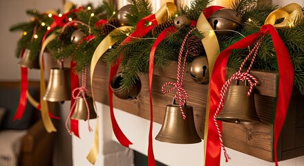 Festive Christmas Garland Decorations With Bells And Ribbons