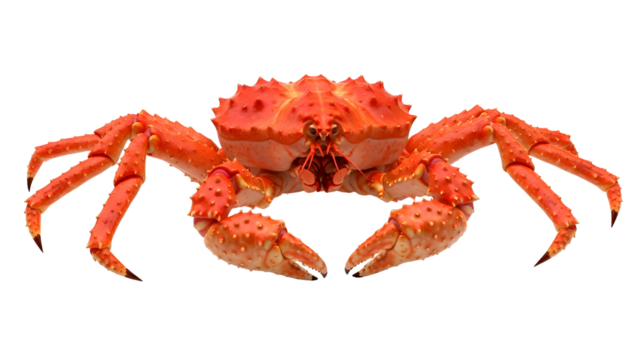 A large bright orange king crab with prominent claws and long legs isolated on transparent background