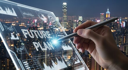 Hand using stylus on transparent screen with future plan data over night city skyline