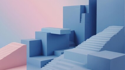 Abstract geometric composition with blue and pink blocks and stairs, minimalist design.