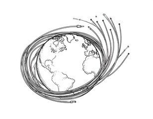 Line drawing of Earth encircled by a bundle of technological fiber optic cables