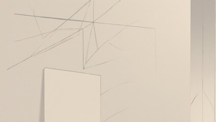 Abstract geometric composition with hanging rectangle and intersecting lines on neutral background.