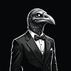 Naklejka premium Mysterious anthropomorphic raven in a sleek tuxedo, a striking monochrome avian gentleman illustration