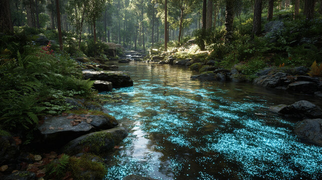 A surreal river flows through a dreamlike landscape, glowing with drifting emotion particles that shimmer in the current—symbolizing inner flow, feeling, and transformation.
