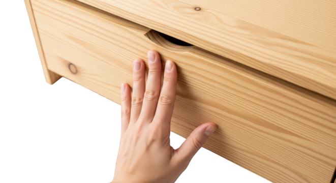 Hand pulling out a drawer from a wooden dresser against a - Powered by Adobe