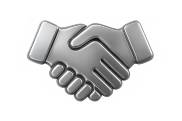 Silver metallic handshake icon representing business partnership, agreement, deal, and cooperation on transparent background