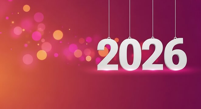 Bright and festive 2026 hanging numbers with bokeh lights in a gradient of orange and purple symbolizing new beginnings and future celebrations