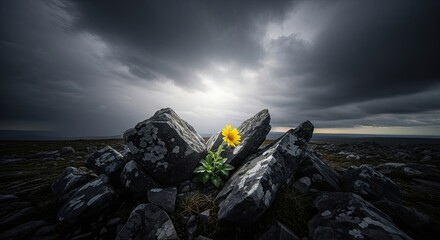 Lone Sunflower Blooms Amidst Stark Rocky Landscape
