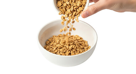A hand pouring cereal into a white bowl against a