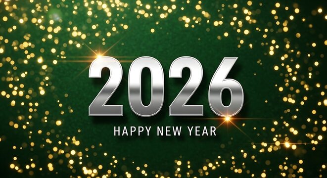 Shiny silver 2026 happy new year text with sparkling golden bokeh lights on a dark green textured background festive celebration concept