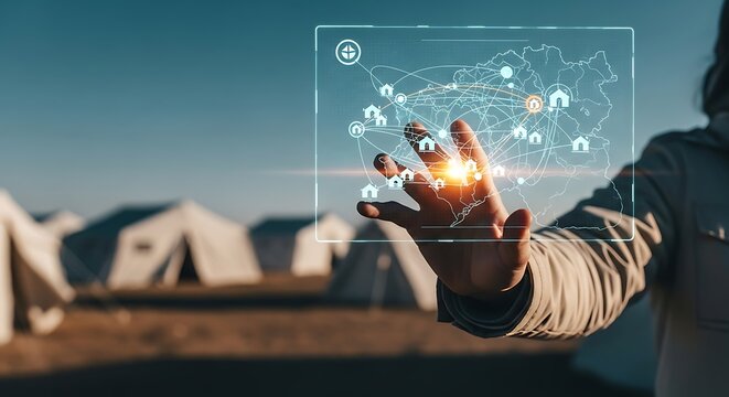 Interactive holographic map for global humanitarian aid, visualizing data and managing resources for crisis response and support in refugee camps - Powered by Adobe