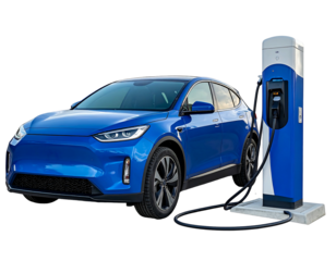 A vibrant blue, modern electric vehicle is parked next to a public charging station, suggesting eco-friendly transportation
