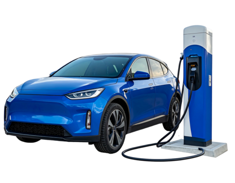 A vibrant blue, modern electric vehicle is parked next to a public charging station, suggesting eco-friendly transportation