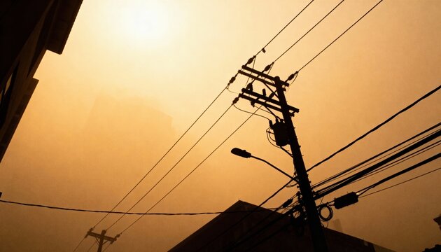 Power Lines Against Sun: A striking silhouette of power lines and electrical infrastructure against the backdrop of a bright sun, a testament to the modern world's reliance on energy.