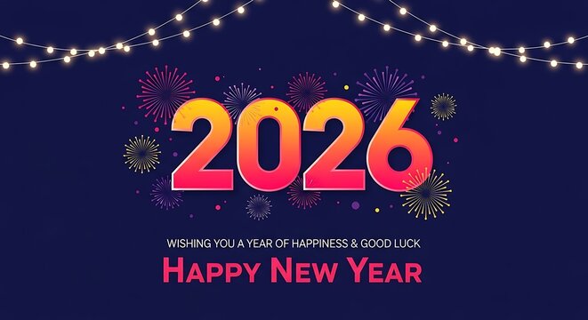 Vibrant 2026 new year celebration with colorful fireworks and festive string lights against a dark blue background conveying joy and excitement for the upcoming year
