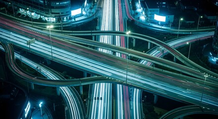 Aerial view of light trails on highway interchange at night in city