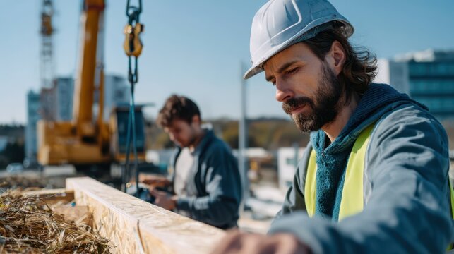 Male construction worker wearing safety helmet and reflective vest inspecting wooden framework at building site with coworker and cranes in background