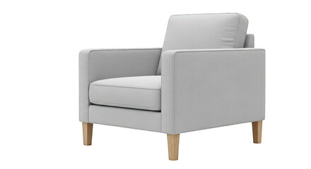 Gray upholstered armchair with wooden legs on greenscreen