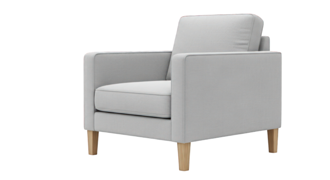 Gray upholstered armchair with wooden legs on greenscreen