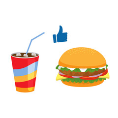 Tasty cheeseburger and a carbonated beverage representing a popular and satisfying junk food meal