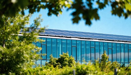 Obraz premium Eco-Friendly Building: A modern building, roofed with solar panels, symbolizes sustainability with an environmental conscious, its glass facade reflecting the sky, surrounded by vibrant greenery.