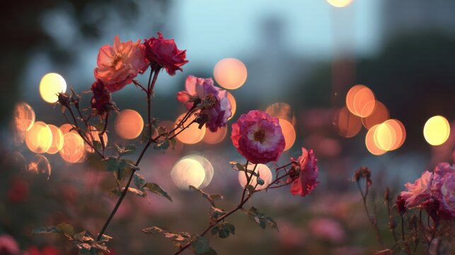 Cluster of pink and red roses with soft golden bokeh lights in the background at dusk pink roses flowers