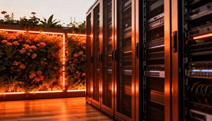 Server Room: High-tech servers hum within a modern data center, bathed in ambient lighting. This image showcases the critical infrastructure of the digital age.