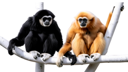 Two gibbons one black and one light brown sitting on a branch isolated on transparent background