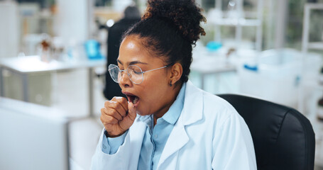 Scientist, woman and yawn in lab with computer for research, problem solving and workload fatigue....