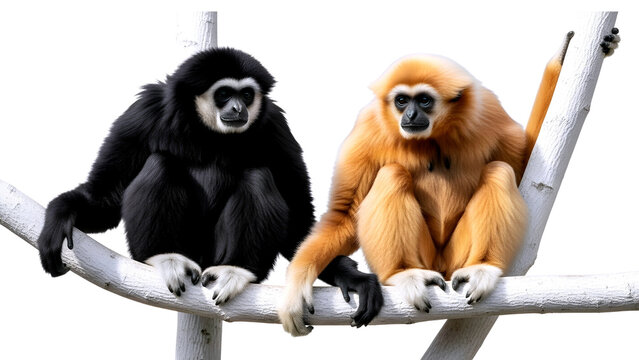Two gibbons one black and one light brown sitting on a branch isolated on transparent background