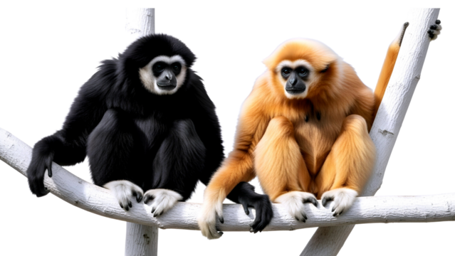 Two gibbons one black and one light brown sitting on a branch isolated on transparent background