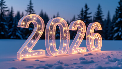 Illuminated 2026 Numbers in Snowy Winter Landscape at Sunset