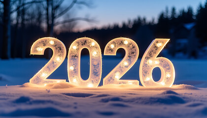 Illuminated 2026 Numbers in Snowy Winter Landscape at Sunset
