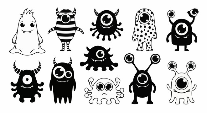 Collection of Cute and Spooky Cartoon Monsters for Halloween and Kids Designs.