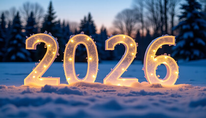 Illuminated 2026 Numbers in Snowy Winter Landscape at Sunset